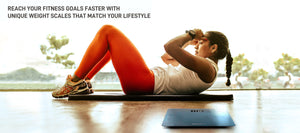 A women is laying on the floor doing abs, there is one blue scale on the floor as well